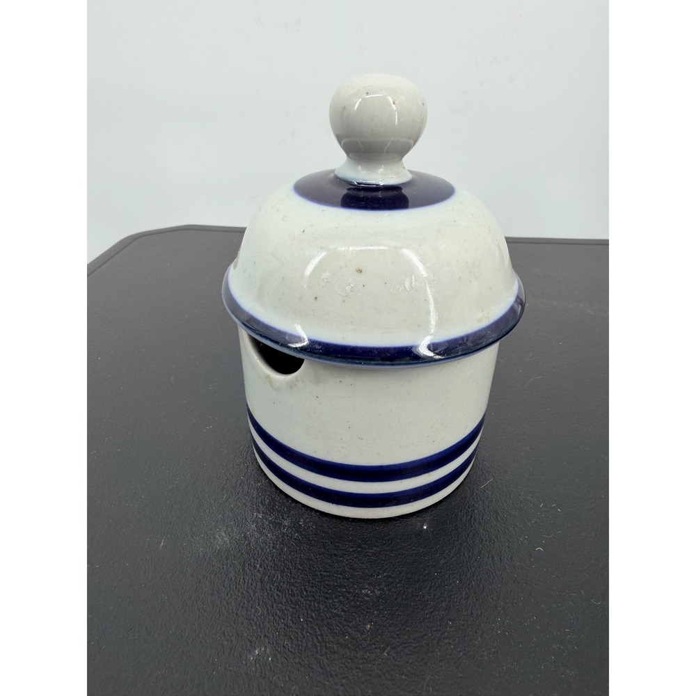 Dansk International Designs Blue Striped Stoneware‎ Jam Honey Pot Lid Japan MCM